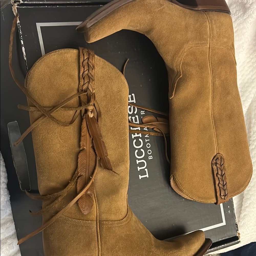 Lucchese Brown Suede Boots with Braided Accents